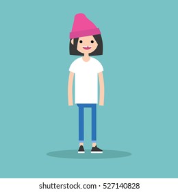 Young funny toothless brunette girl standing and smiling / flat editable vector illustration, clip art