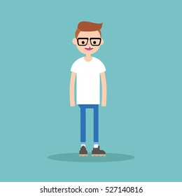 Young funny toothless nerd standing and smiling / flat editable vector illustration, clip art