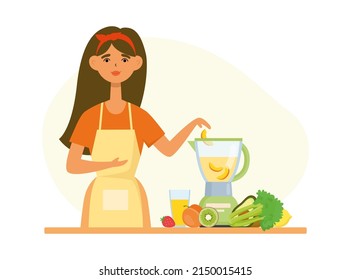 Young funny woman makes a drink, smoothie in a blender or mixer. Smoothie fruit set. Vector flat illustration in cartoon style isolated on white background