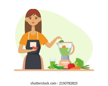 Young funny woman makes a drink, smoothie in a blender from different vegetables. The concept of healthy lifestyle. Vector flat illustration in cartoon style isolated on white background
