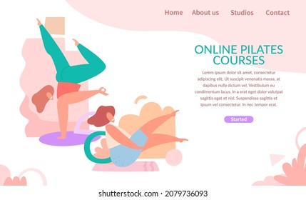 Young funny women doing pilates in different positions. Poster, banner, template for the site. Inscription - Online Pilates courses. Hand drawn vector illustration isolated on white background