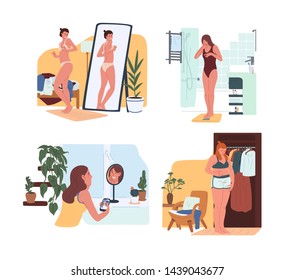 Young funny women in underwear looking in mirror and weighing on scales. Body rejection problem, dysmorphophobia, self hate, dissatisfaction with appearance. Flat cartoon colorful vector illustration.