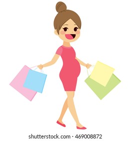 Young future mother walking with shopping bags pregnant