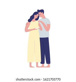 Young future parents hugging flat vector illustration. Woman holding positive pregnancy test on white background. Baby awaiting, parenting. Happy wife and husband cartoon characters isolated.