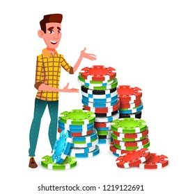 Young Gambler With Huge Stack Of Poker Chips Vector. Isolated Illustration