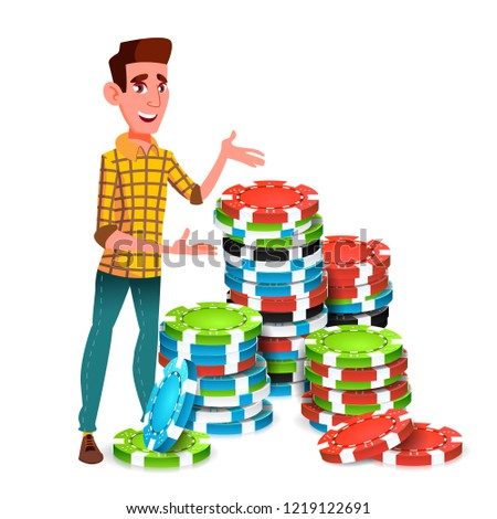 Young Gambler With Huge Stack Of Poker Chips Vector. Isolated Illustration