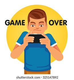 Young gamer and smartphone addict unhappy about game over. Flat style vector illustration isolated on white background.