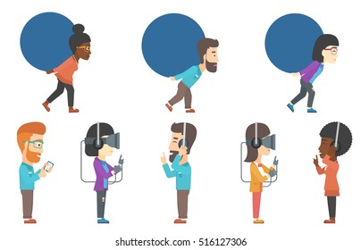 Young gamer wearing virtual reality headset and gamer gloves. Gamer using virtual reality glasses and playing virtual video game. Set of vector flat design illustrations isolated on white background.