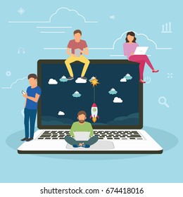 Young gamers playing a game on big laptop with game app, Flat vector illustration of young gamers playing a game using laptop, smarthphone and tablets