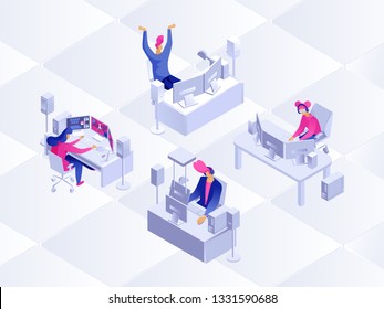 Young gamers playing games. Cyber sport. Vector 3d isometric illustration.