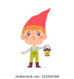 Young garden gnome holding lantern vector illustration. Cartoon small magic adorable character with lamp, cute boy with red hat standing to light way in fairytale forest, funny dwarf isolated on white