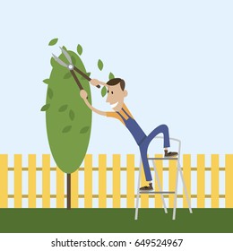 The young gardener is going to cut a tree branch with pruning shears. the people working in the garden on the stairs. Flat design vector illustration. Cartoon