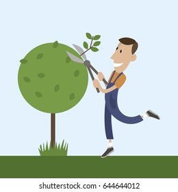 Un jardinero joven va a cortar ramas de un árbol con podadera. hombre trabajando en el jardín. Ilustración de diseño plano del vector