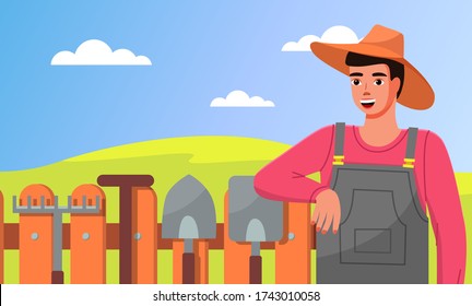 Un joven jardinero con sombrero se apoya en la cerca. Ilustración de jardinero con herramientas de jardín. Rakes, palas. Jardinería, producción de cultivos, autosuficiencia, herramientas. Hobbies agrícolas y jardinería