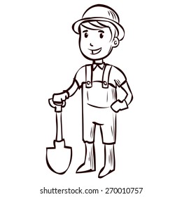 Young gardener holding a shovel.  Hand drawn cartoon illustration.