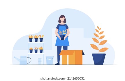 A young gardener packs plants into packages to deliver to customers who have placed an order. On the shelf were placed plants in pots. Vector illustration character flat design.