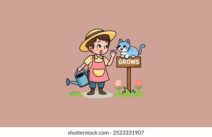 A young gardener waters plants with a cat beside him.