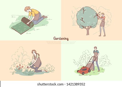 Young gardeners chores, lawn laying, trees pruning, planting flowers, grass mowing, gardening service banner
