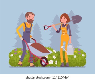 Young gardeners working. Happy man and woman in a green garden with wheelchair, spade, growing and taking care of plants, cultivates homegrown flowers, veggies. Vector flat style cartoon illustration