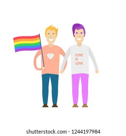 Young gay couple holding hands with rainbow flag. LGBT. Romantic relationships and Love