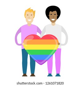 Young gay couple holding  a huge rainbow heart. LGBT. Romantic relationships and Love