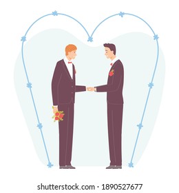 Young gay couple in wedding outfits. Men hold hands and smile. Vector illustration in hand drawn flat style