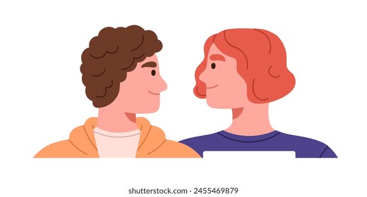 Young gay, love couple. Two men looking at each other, enamored homosexual guys in romantic relationship. Happy smiling male characters. Flat vector illustration isolated on white background