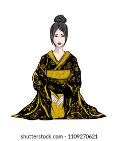 Young geisha girl in a traditional black kimono dress sits on white background-  emblem poster for a store of cultural trends