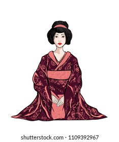  Young geisha - vector Decorative card. Girl in traditional pink kimono dress. Woman sits on white background. Emblem person for souvenir store of cultural trends. Japanese Asian cultural traditions
