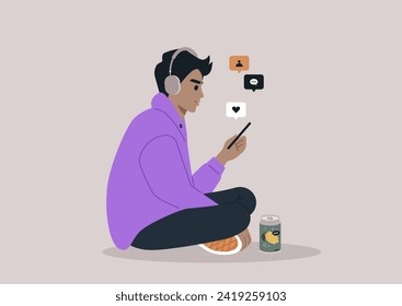 A young Gen Z character, slouching, scrolls through their phone's newsfeed, capturing a moment of casual engagement with digital content