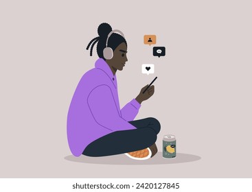 A young Gen Z character, slouching, scrolls through their phone's newsfeed, capturing a moment of casual engagement with digital content