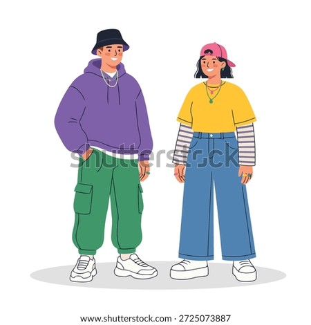 Young Gen Z Couple Standing Side by Side in Trendy Street Fashion Flat Illustration