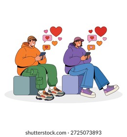 Young Gen Z Couple Using Smartphones with Heart Notifications – Digital Love Vector Illustration