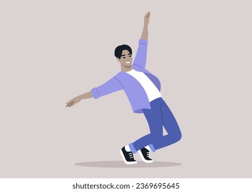 A young Gen Z individual, dressed casually, performing contemporary dance with an overwhelming sense of joy and fulfillment