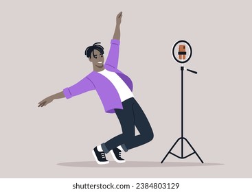 A young Gen Z individual, dressed casually, performing contemporary dance with an overwhelming sense of joy and fulfillment