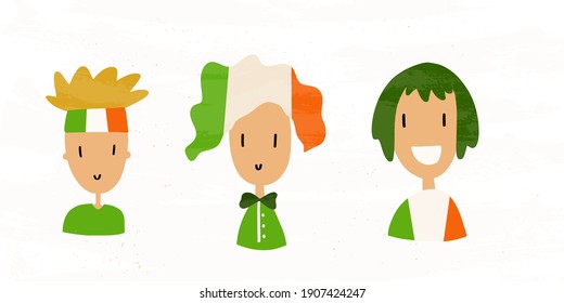 Young gender neutral characters in clothes coloured as Irish flag for St. Patrick’s day. Funny hairstyle, red hair teenager vector clipart.