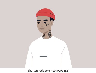 A young gender-neutral Asian character wearing a rolled beanie, modern lifestyle and fashion