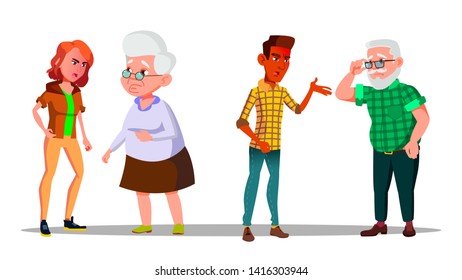 Young Generation Character Abuse Cry At Old Vector. Anger Man And Woman Abuse Screaming Shouting At Grandmother And Grandfather. Family Problem And Conflict Flat Cartoon Illustration