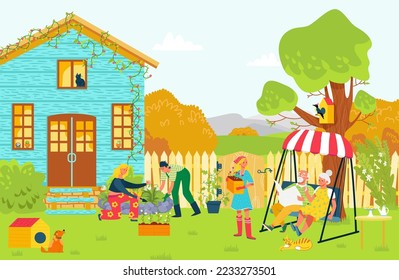 Young generation help to elderly couple, lovely romantic family backyard party relax outdoor country house flat vector illustration.