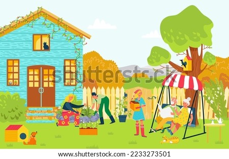 Young generation help to elderly couple, lovely romantic family backyard party relax outdoor country house flat vector illustration.