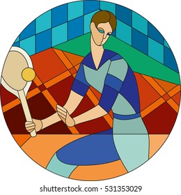 Young gentleman playing tennis pattern. Art deco vector colored geometric pattern. Art deco stained glass pattern.