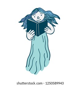 Young ghost girl reading a book floating in the air. Cute cartoon drawing, isolated on white background.