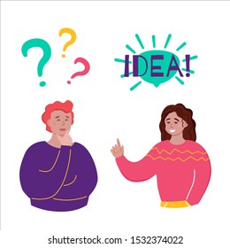 Young ginger man has a question. Boy thinking about problem. Smiling girl has an idea. Businesswoman pointing a finger on solution a problem. Cartoon people characters on white background. Vector 