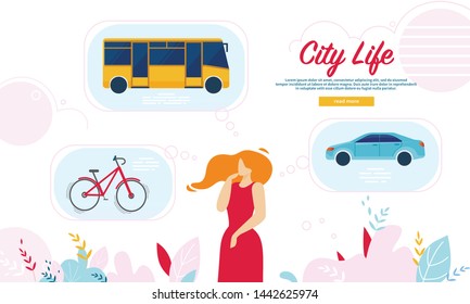 Young Ginger Woman in Fashioned Red Dress Make Decision what Transport to Choose Bus, Bicycle or Car for Transportation in Megapolis. City Life Cartoon Flat Vector Illustration, Horizontal Banner