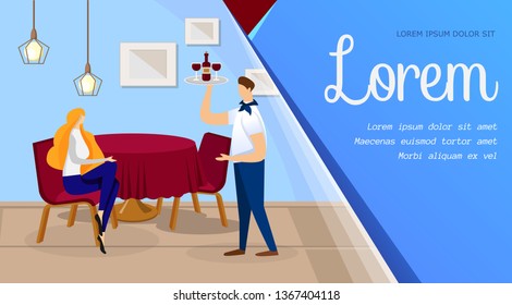 Young Ginger Woman Sitting at Table of Bar or Restaurant with Stylish Interior Ordering Bottle of Red Wine. Waiter Bring Order. Advertising, Promo. Cartoon Flat Vector Illustration. Horizontal Banner