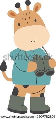 A young giraffe, depicted in a flat cartoon style, wears a teal coat and holds binoculars.  The adorable animal is ready for adventure, sporting boots and a cheerful expression. Cartoon vector