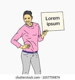 Young girl with an ad on a sheet of paper. Vector illustration.
