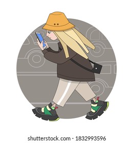 Young girl addicted to smartphone walking down the street and using gadget. Cartoon vector illustration.