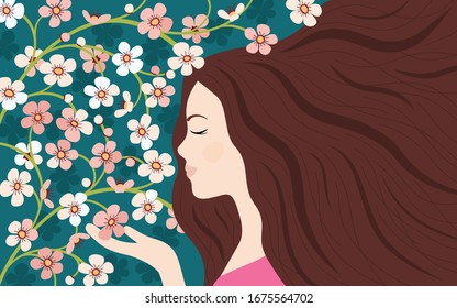 Young girl admires sakura blossoms in spring garden. Greeting Card. Vector illustration in a flat style. Spring mood. Hello spring.