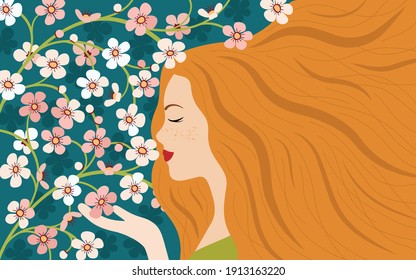 Young girl admires sakura blossoms in spring garden. Greeting Card. Illustration in a flat style. Spring mood. Hello spring.